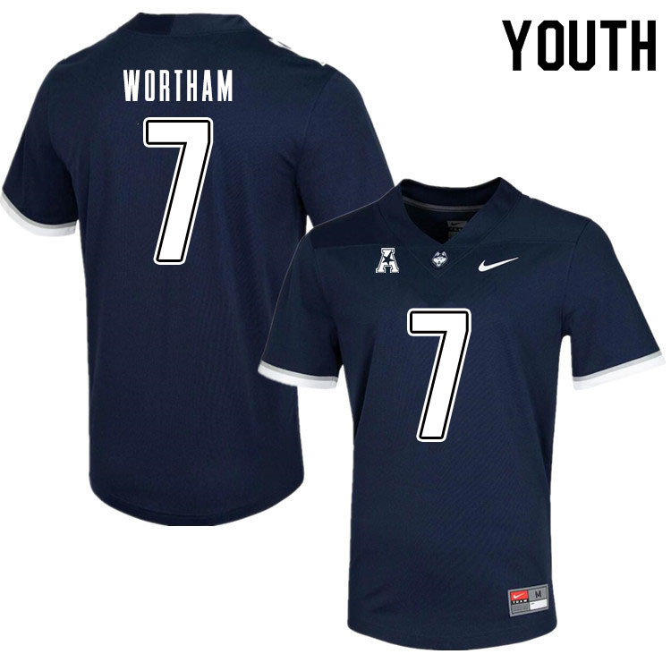 Youth #7 Tre Wortham Uconn Huskies College Football Jerseys Sale-Navy - Click Image to Close